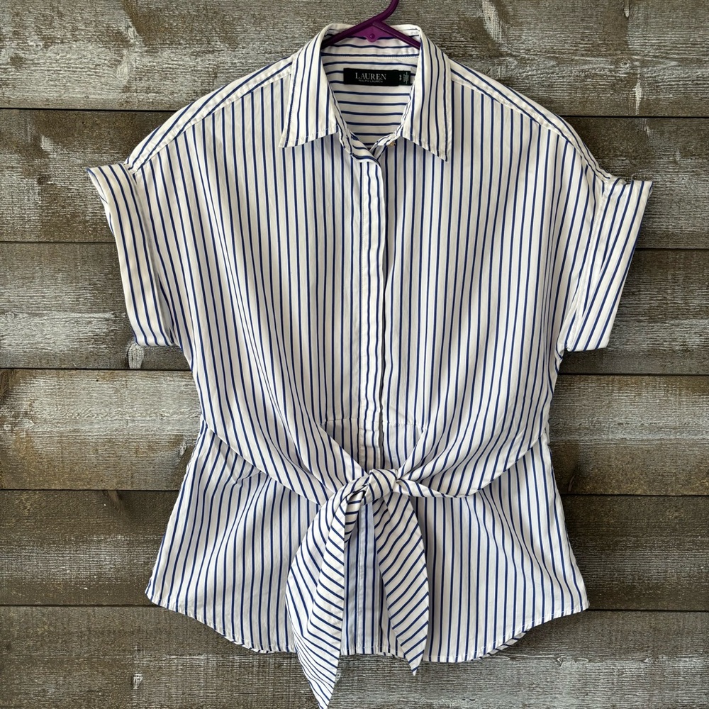 Ralph Lauren White Shirt with Blue Pinstripes & Tie Waist
